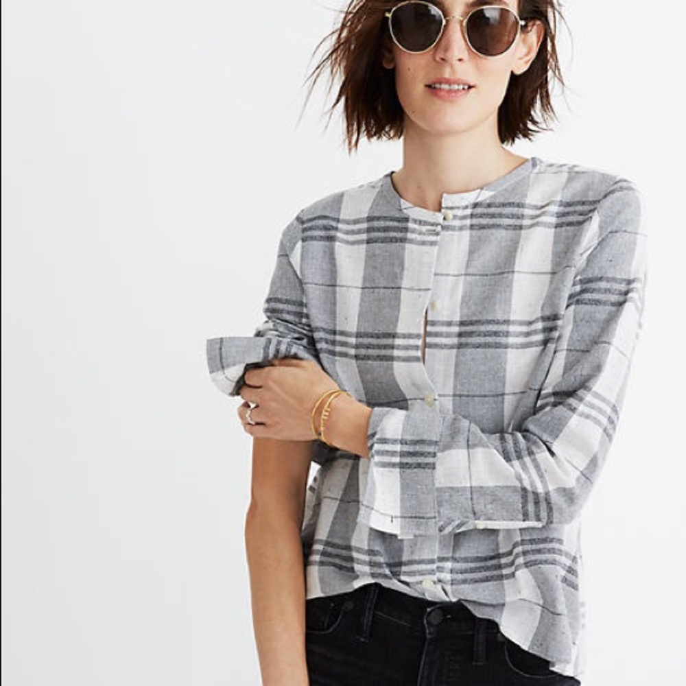 Madewell Collarless Plaid Blouse